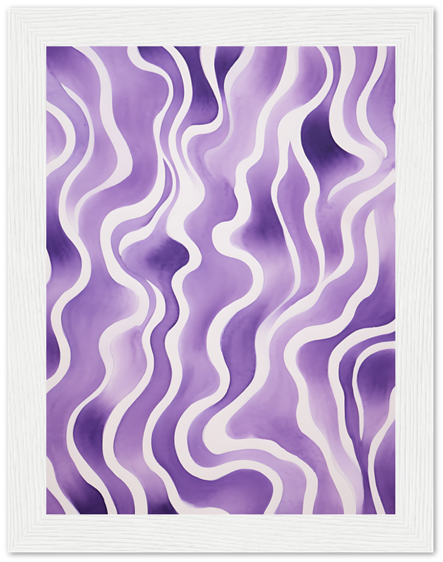 Abstract purple and white wavy lines art in a white frame.