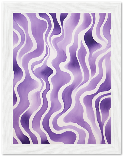 Abstract purple and white wavy lines art in a white frame.