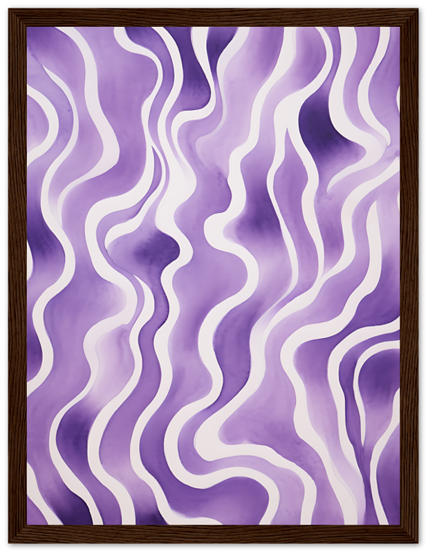 An abstract painting with purple wavy patterns framed in a wooden frame.