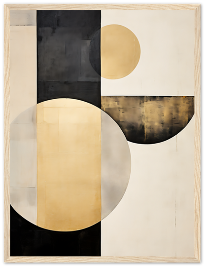 Abstract painting with geometric shapes in black, gold, and white tones with circular elements.