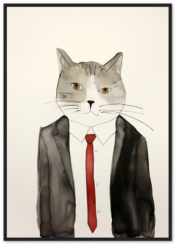 Illustration of a cat with human body in suit and tie, framed on a wall.