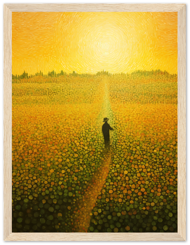 Painting of a person walking on a path through a field of flowers under a swirling yellow sky.