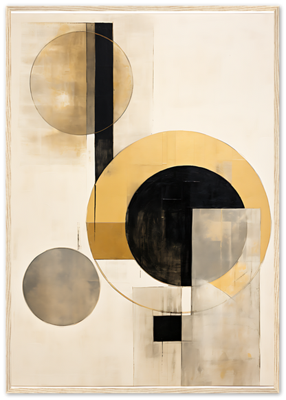 Abstract art with geometric shapes, circles and lines in black, white, and yellow tones.