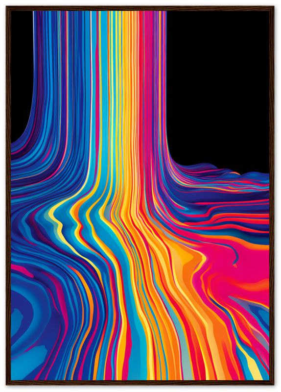 A colorful abstract wavy art in a wooden frame.