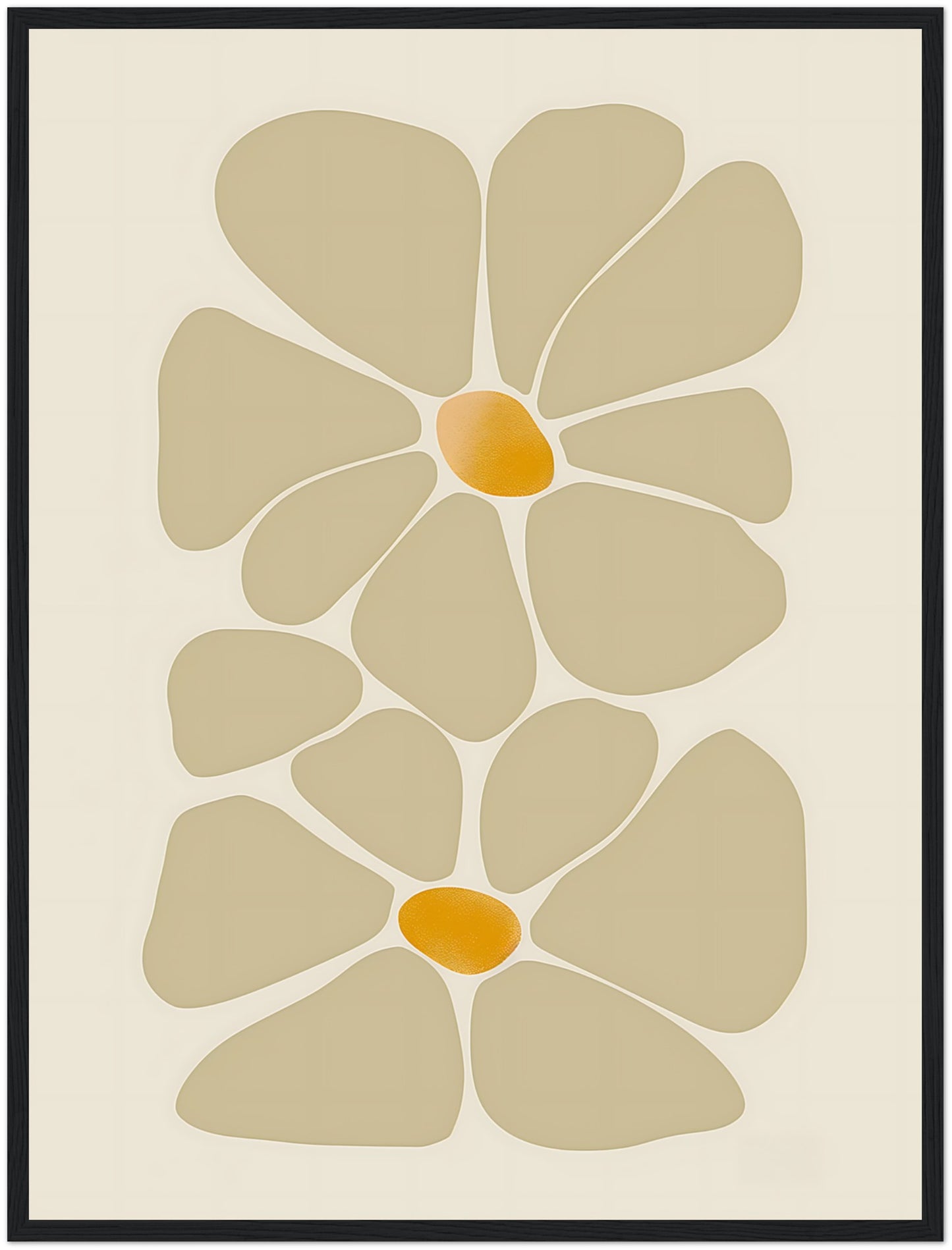 Abstract floral design in earth tones, framed with a wooden border.