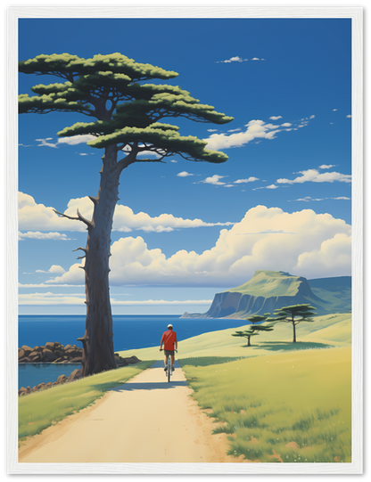 A painting of a person walking towards the sea on a path with a single tree and cliffs in the distance.