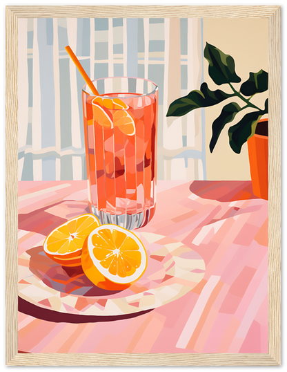 Illustration of a glass of orange juice with slices of orange on a table.