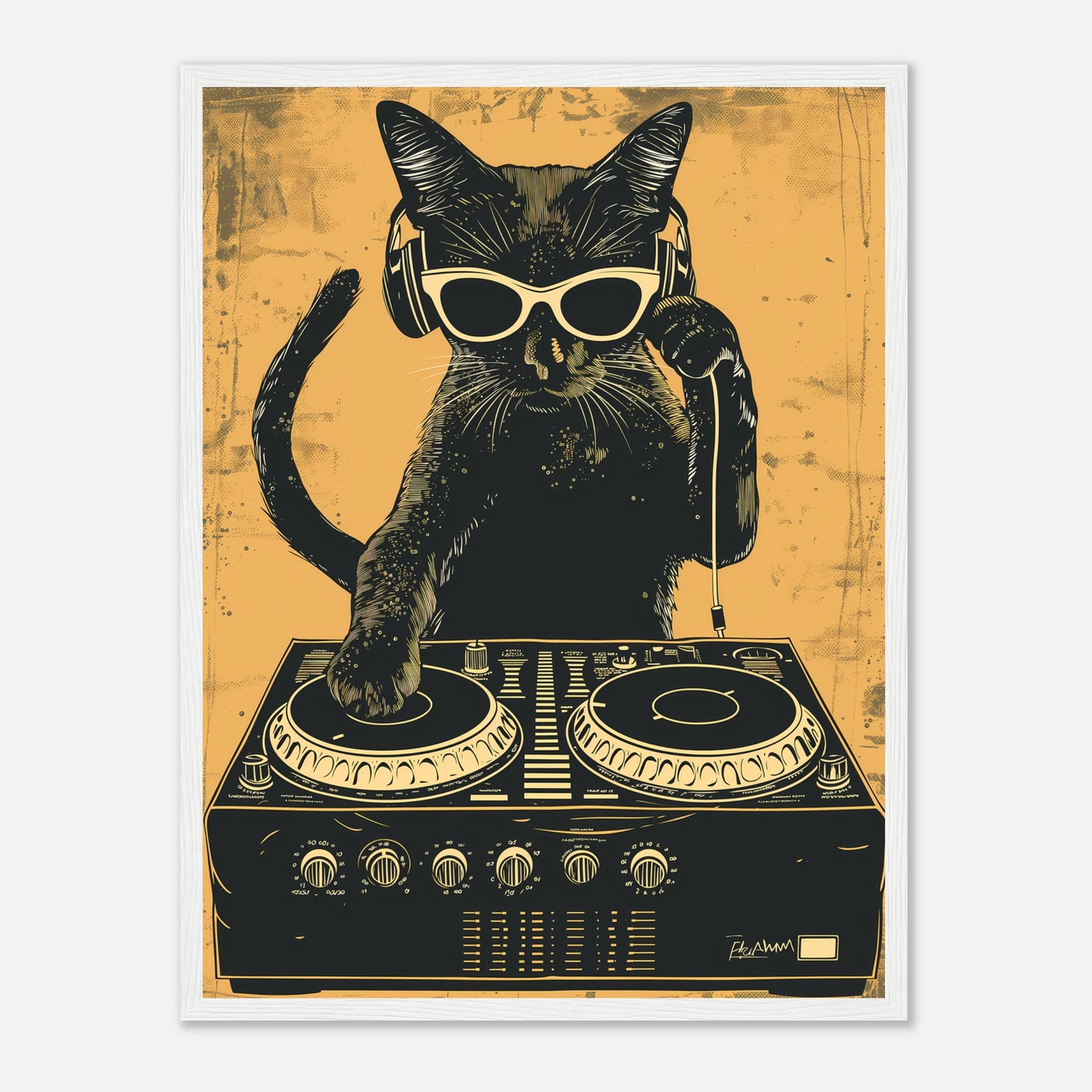 A stylized illustration of a cat with sunglasses DJing on turntables.