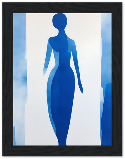 Abstract silhouette of a human figure in shades of blue within a framed picture.