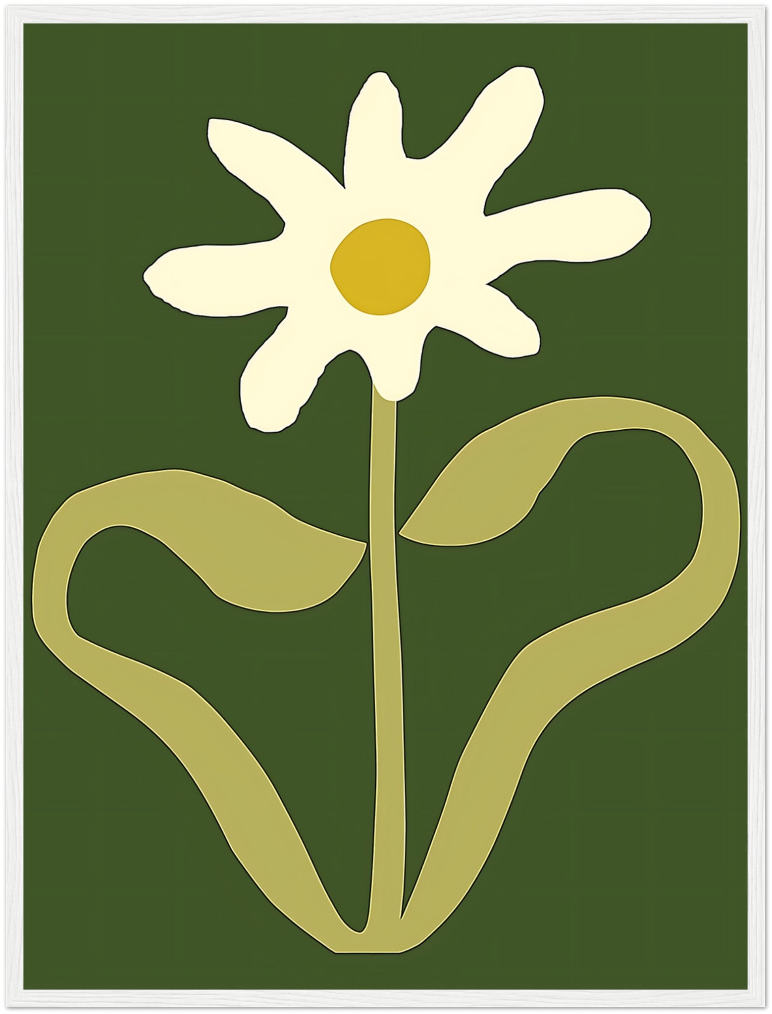 A stylized image of a white flower with a yellow center and green background, framed in brown.