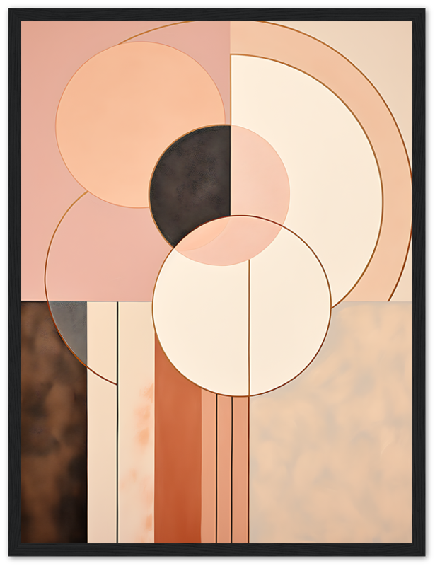 Abstract geometric artwork with circles and rectangles in warm tones.