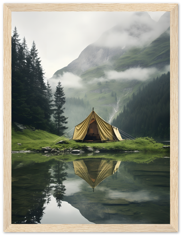 A tent reflected in a clear mountain lake surrounded by misty peaks.