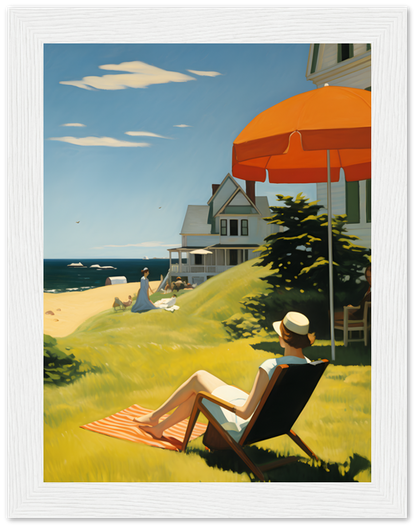 A serene beach scene with a person beneath an orange umbrella, houses nearby, and someone walking along the shore.