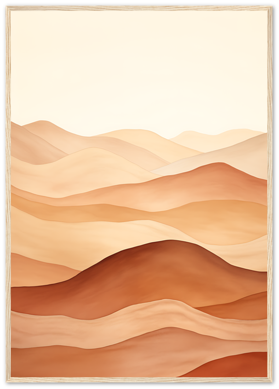 Illustration of serene desert dunes with warm tones, framed in white.
