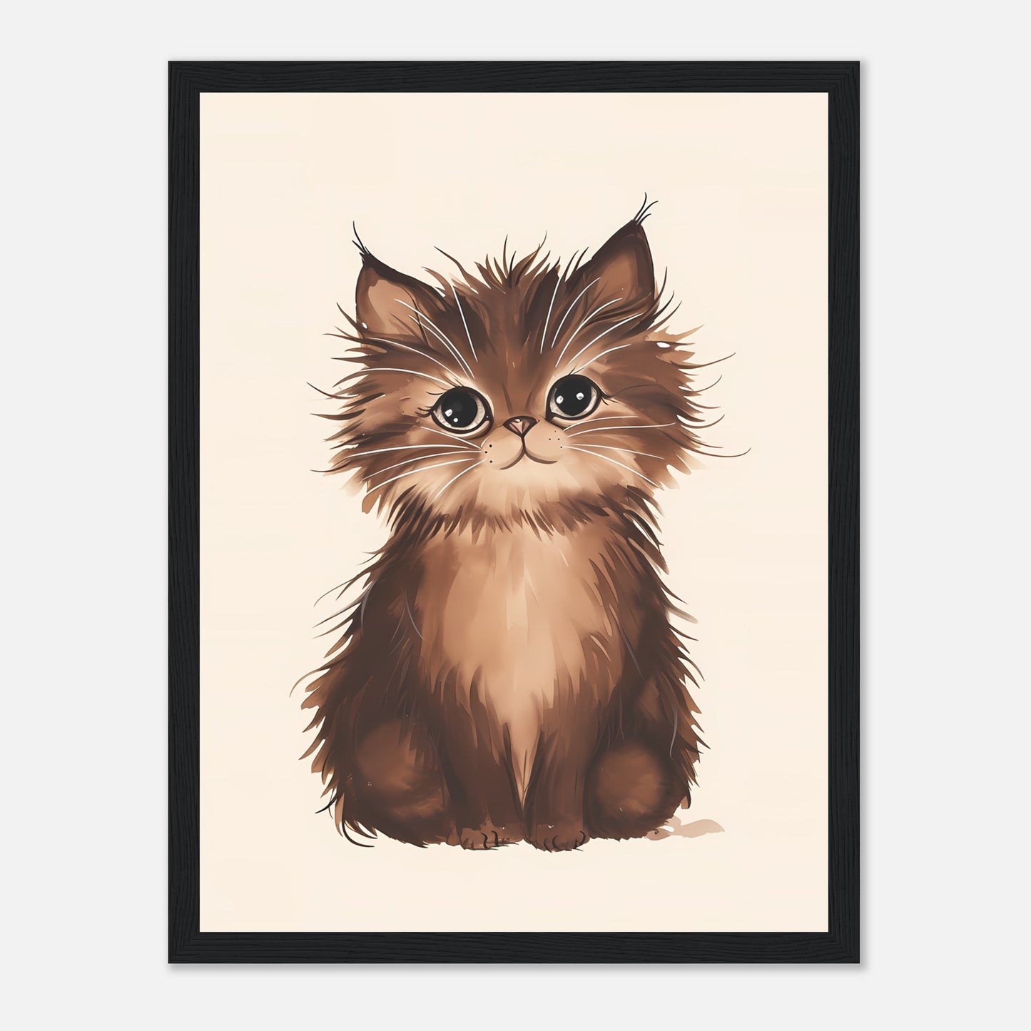 Illustration of an adorable fluffy brown kitten with big eyes, framed on a wall.