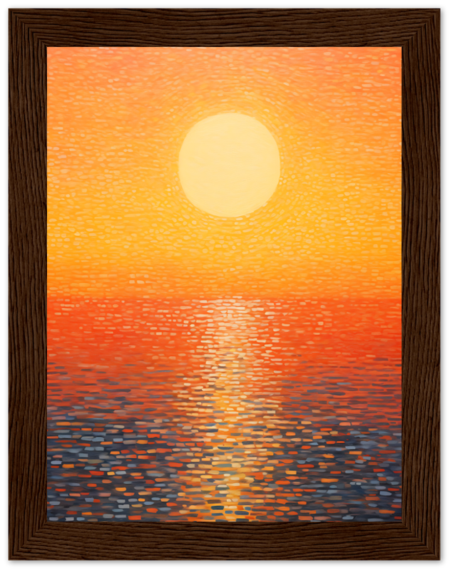 A framed painting of a sunset with a large sun over a body of water, in warm colors.