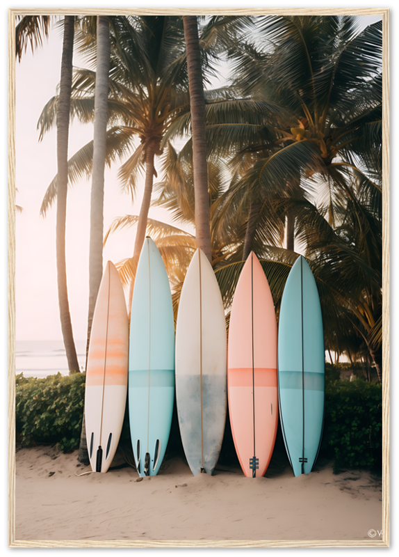 Five colorful surfboards leaning against tropical palm trees at sunset.