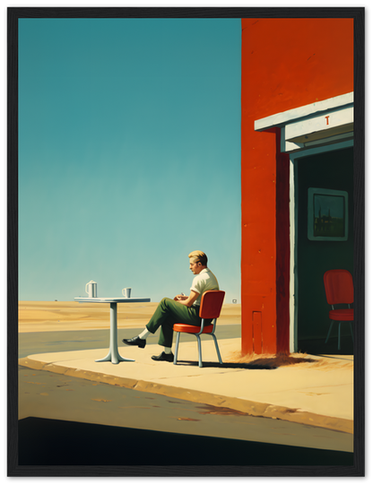 A man sitting alone at a table outside a building with a vibrant red pillar and clear blue sky.