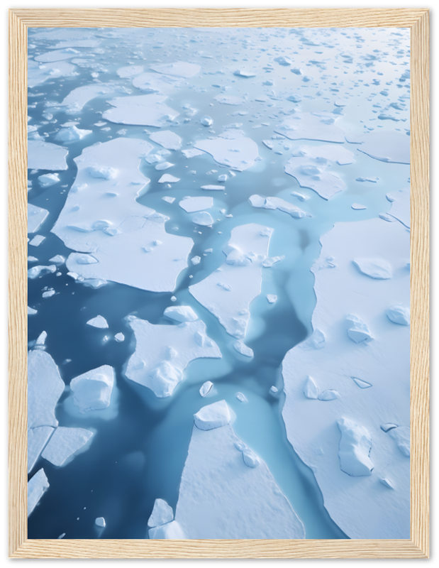 Aerial view of fragmented ice sheets floating on serene blue water.