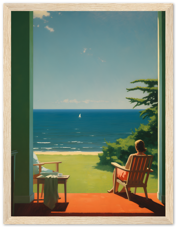 A person sitting on a chair on a porch, overlooking the sea with a sailing boat in the distance.