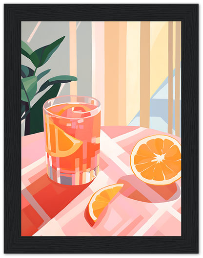 Illustration of a glass of orange juice and cut oranges on a checkered tablecloth.