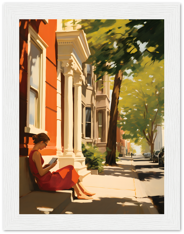 A painting of a woman reading on the steps of a building with a tree-lined street.