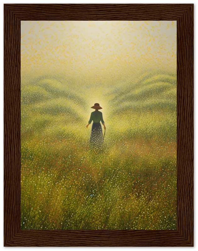 A painting of a person standing in a golden field with tall grass, framed with a dark wood border.