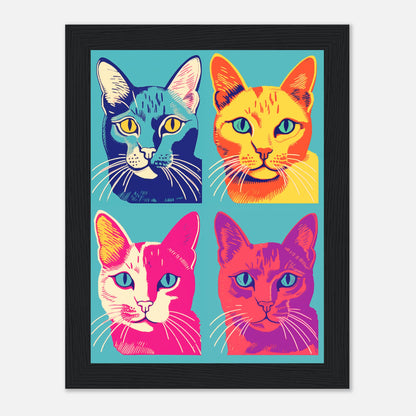 Colorful pop art style illustration of four cats in vibrant colors.