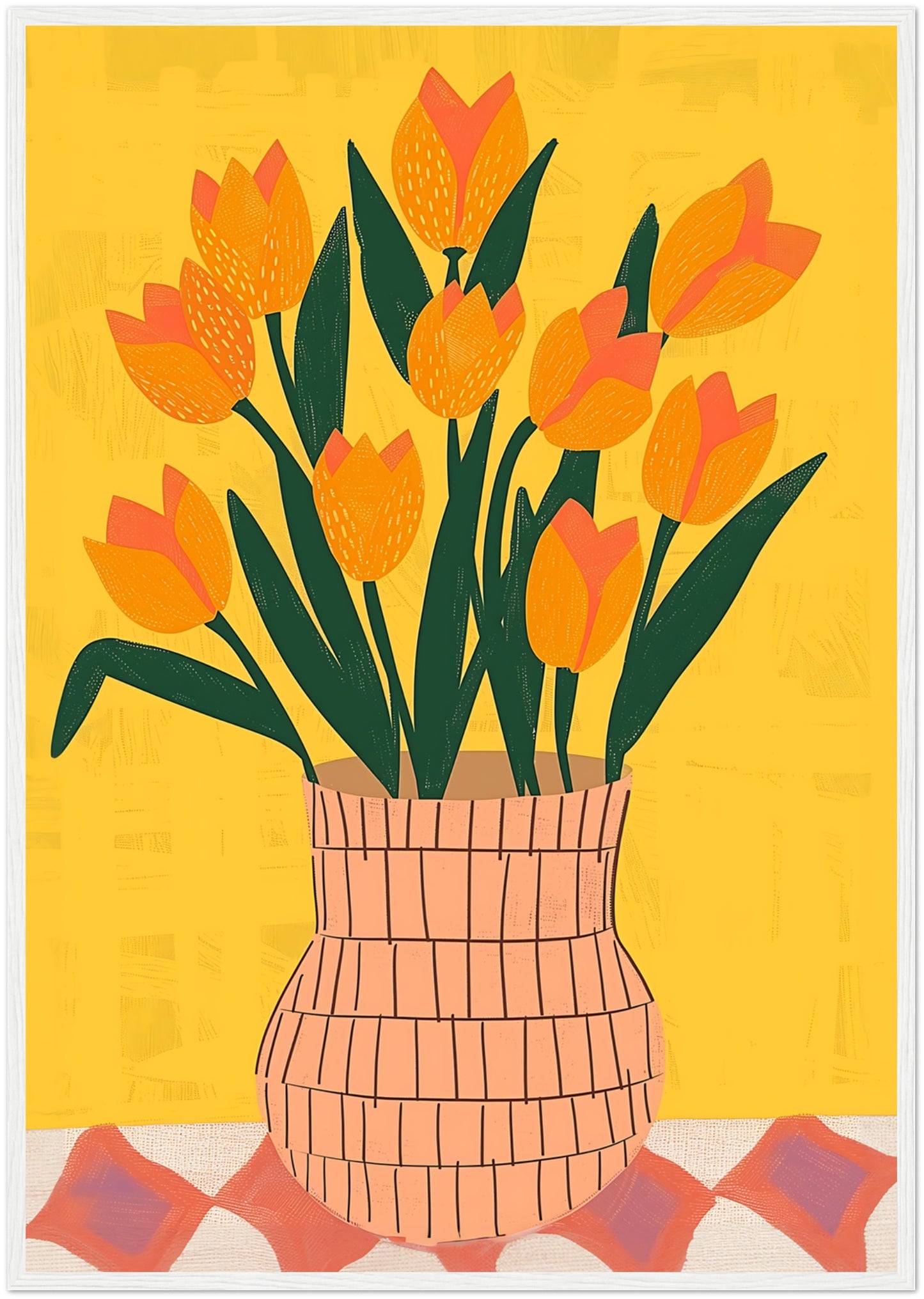 A colorful illustration of a vase with orange tulips on a yellow background.