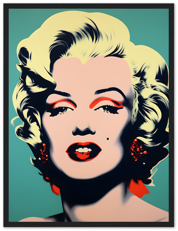 An iconic pop art style portrait of a blonde female celebrity with red lips and earrings.