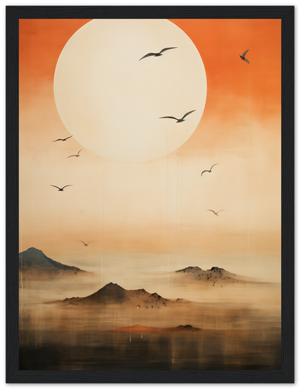 "Artistic representation of a serene sunset with birds flying over misty mountains."