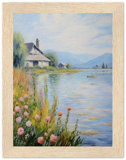Painting of a cottage by a lake with flowers in the foreground and a small boat in the distance.