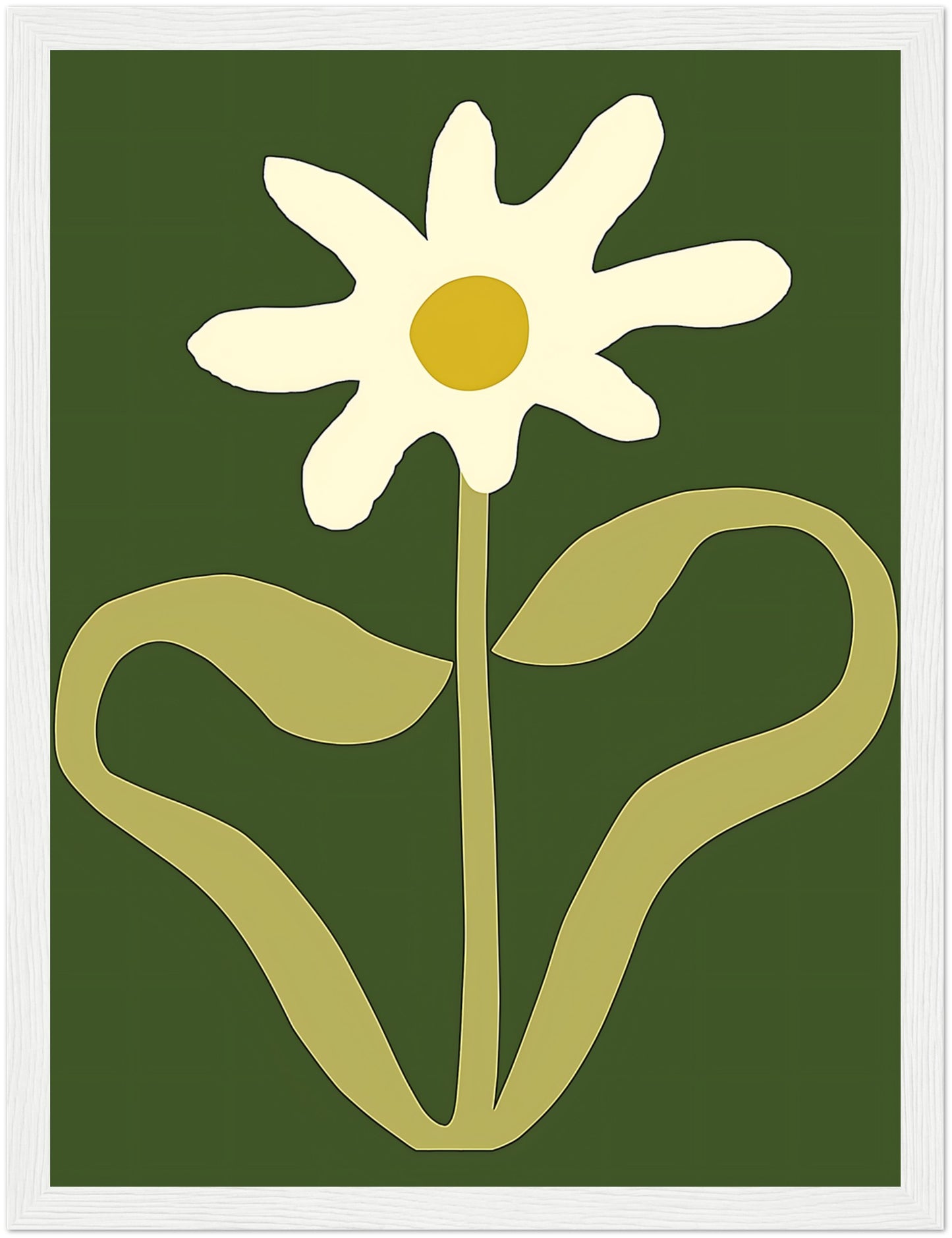 A stylized image of a white flower with a yellow center and green background, framed in brown.