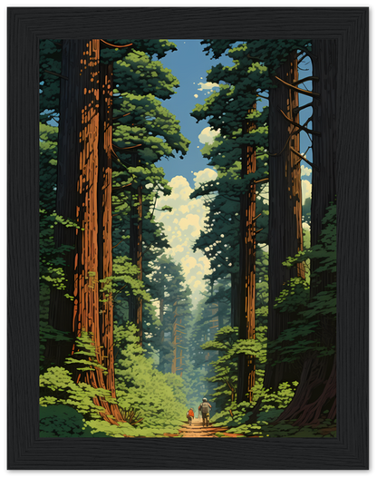 Illustration of two people walking through a forest of towering redwood trees.