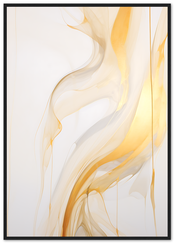 "Abstract art with swirling golden yellow and white patterns on a light background, framed."