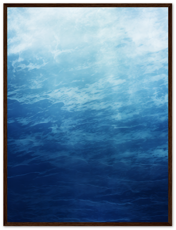 Painting of a tranquil blue ocean view with clouds, framed in dark wood.