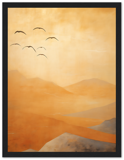 "Stylized painting of birds flying over orange hued desert hills at sunset."