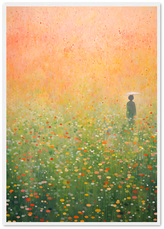 A painting of a person standing in a colorful, flower-filled meadow within a dark frame.