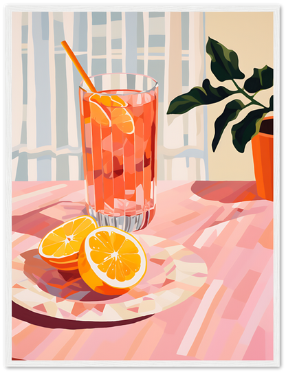 A stylized illustration of a glass of iced drink with oranges on a sunny table.