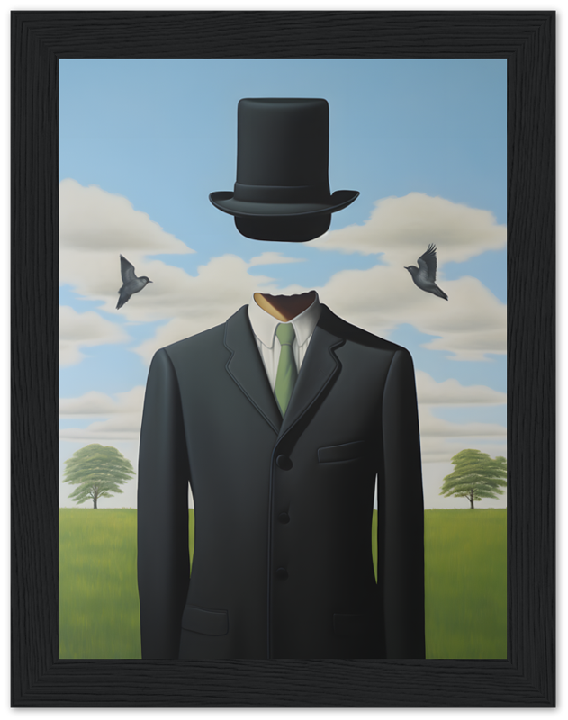 A surrealist painting of a man with an apple for a face and a bowler hat, by René Magritte.