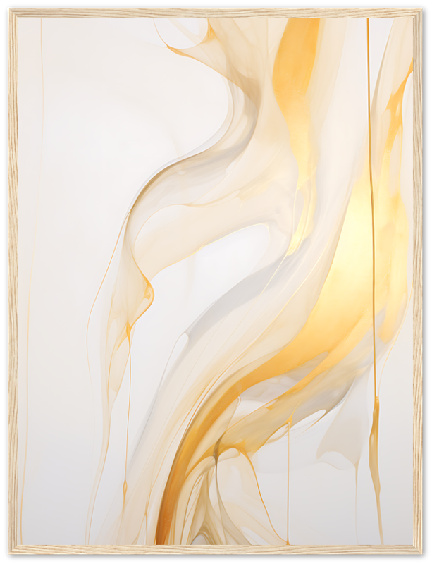 Abstract gold and white swirling pattern on a light background, framed art on a wall.