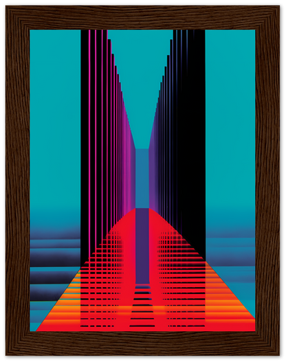 Abstract geometric artwork with vivid colors framed in wood.