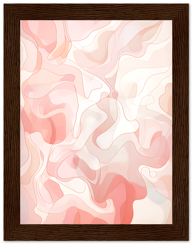 An abstract painting with swirls of pink and cream tones framed in dark wood.