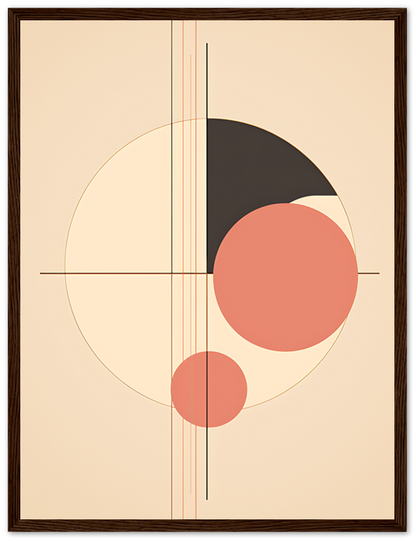 Abstract art with geometric shapes and lines in a brown frame.