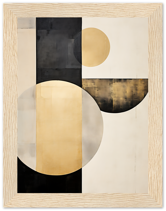 Abstract geometric painting with circles and rectangles in a neutral color palette.