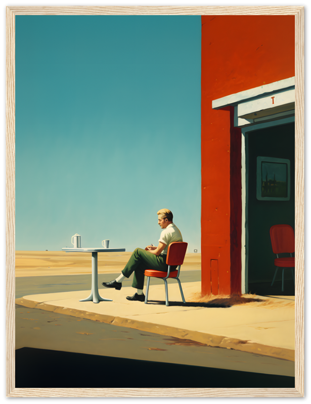 A person relaxing at a table beside a colorful building, evoking a serene, artistic ambiance.