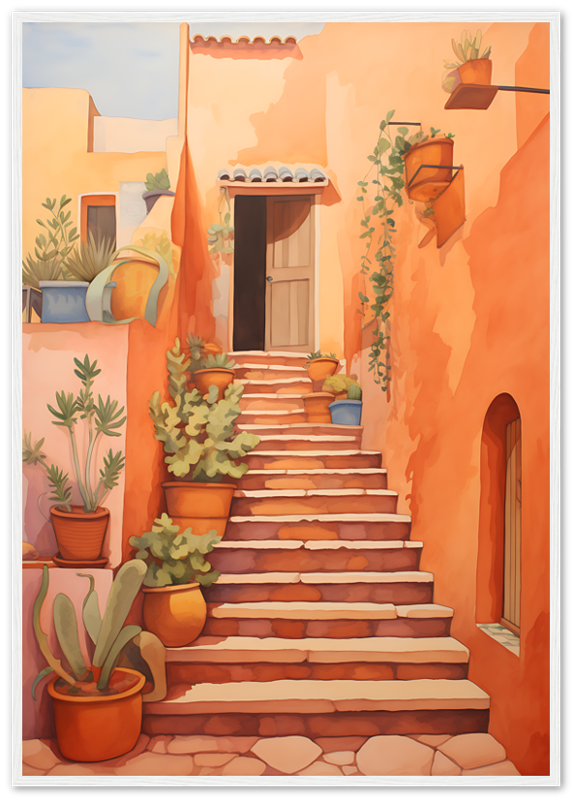 A painting of a sunny stairway with plants in a Mediterranean-style alley.