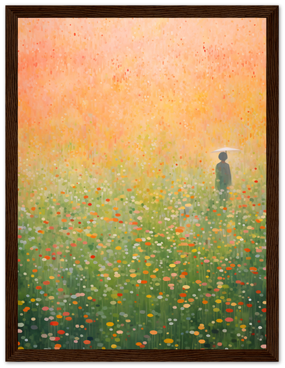 A painting of a person standing in a vibrant field of flowers at dawn or dusk.