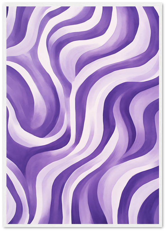 Abstract painting with wavy purple and white stripes.