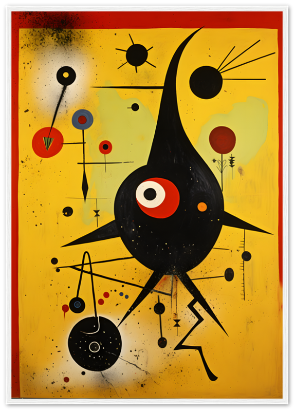 Colorful abstract painting with geometric shapes and a central black figure, reminiscent of Joan Miró's style.